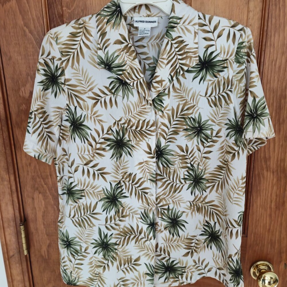 Alfred Dunner Womens Tropical Palm Print Short Sleeve Blouse Sz 8
